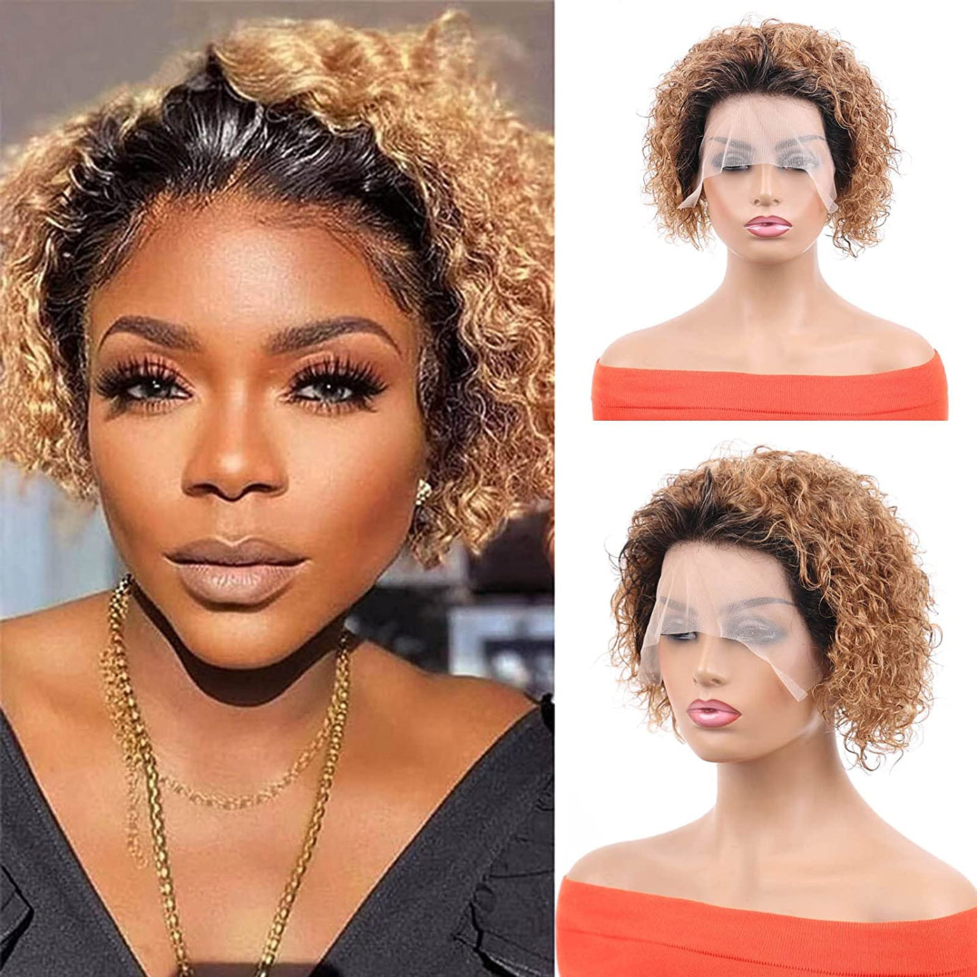 Short Brown Curly Pixie Cut Wigs for Women Human Hair 1b/30 Ombre 1b and Auburn Brown Remy Hair Lace Wigs