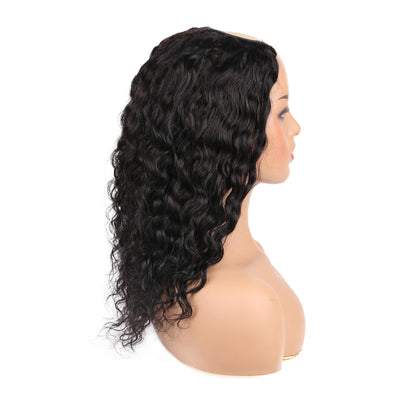 U Part Human Hair Wig with Clips 2"X4" U Shape Water Wave Remy Hair Glueless Wigs Natural Black Color