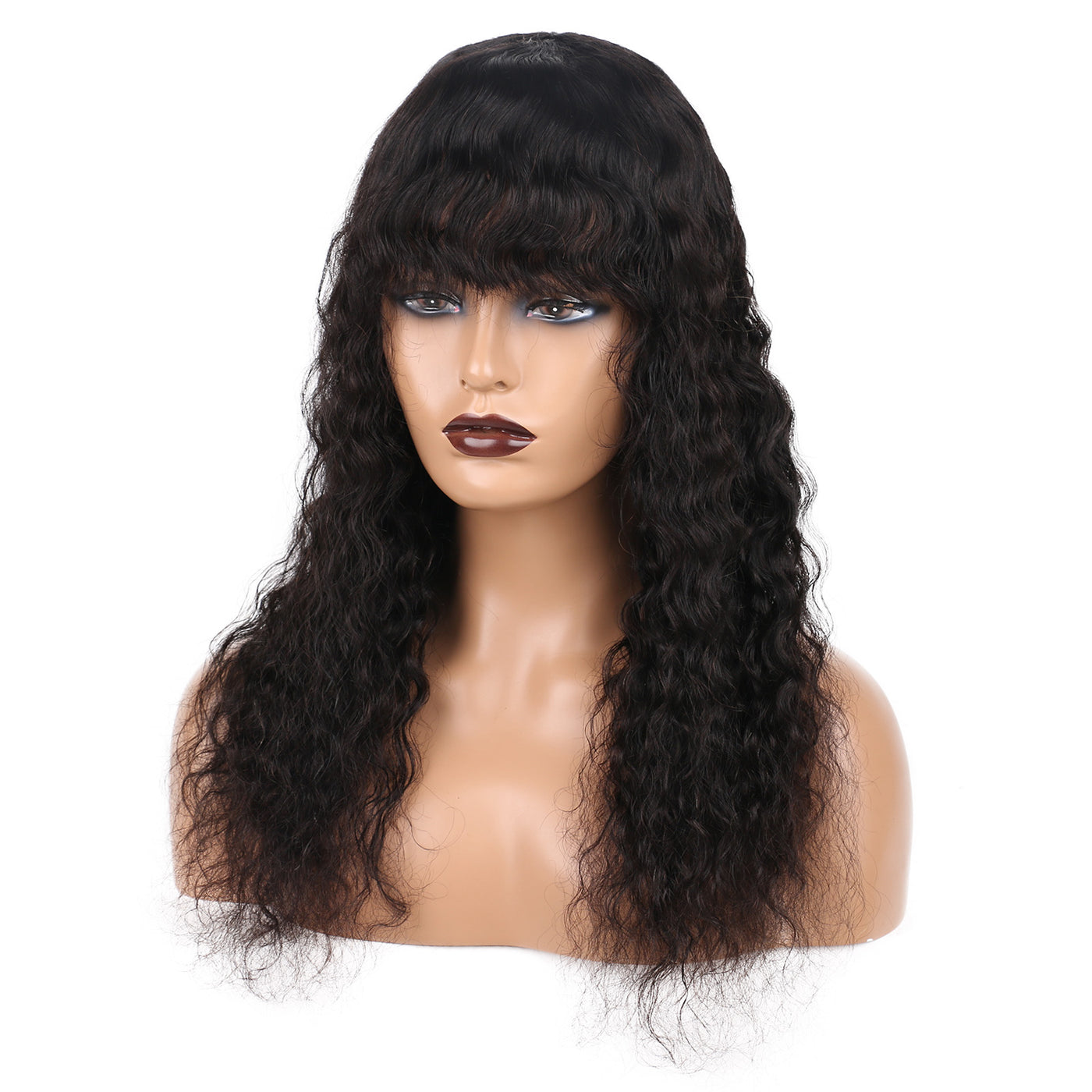 Human Hair Wigs with Bangs Water Wave Full Machine Made Wig with Bangs for Women Natural Color