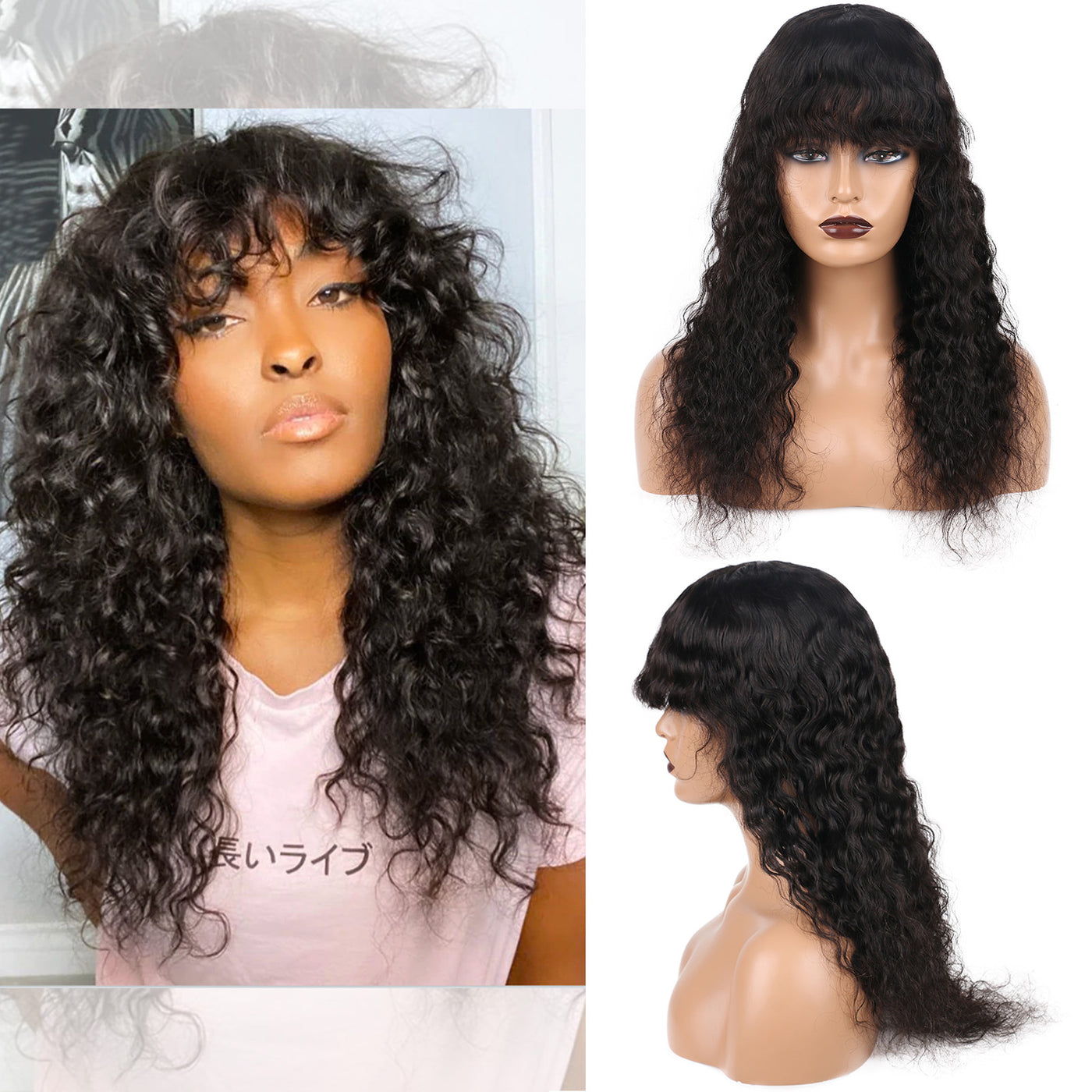 Human Hair Wigs with Bangs Water Wave Full Machine Made Wig with Bangs for Women Natural Color