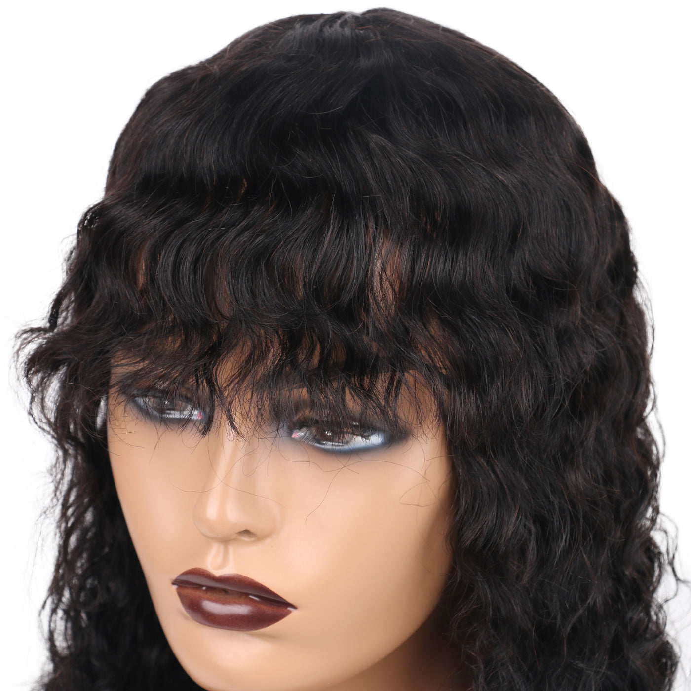 Human Hair Wigs with Bangs Water Wave Full Machine Made Wig with Bangs for Women Natural Color