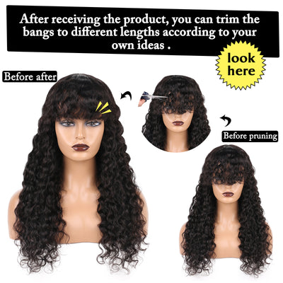 Human Hair Wigs with Bangs Water Wave Full Machine Made Wig with Bangs for Women Natural Color