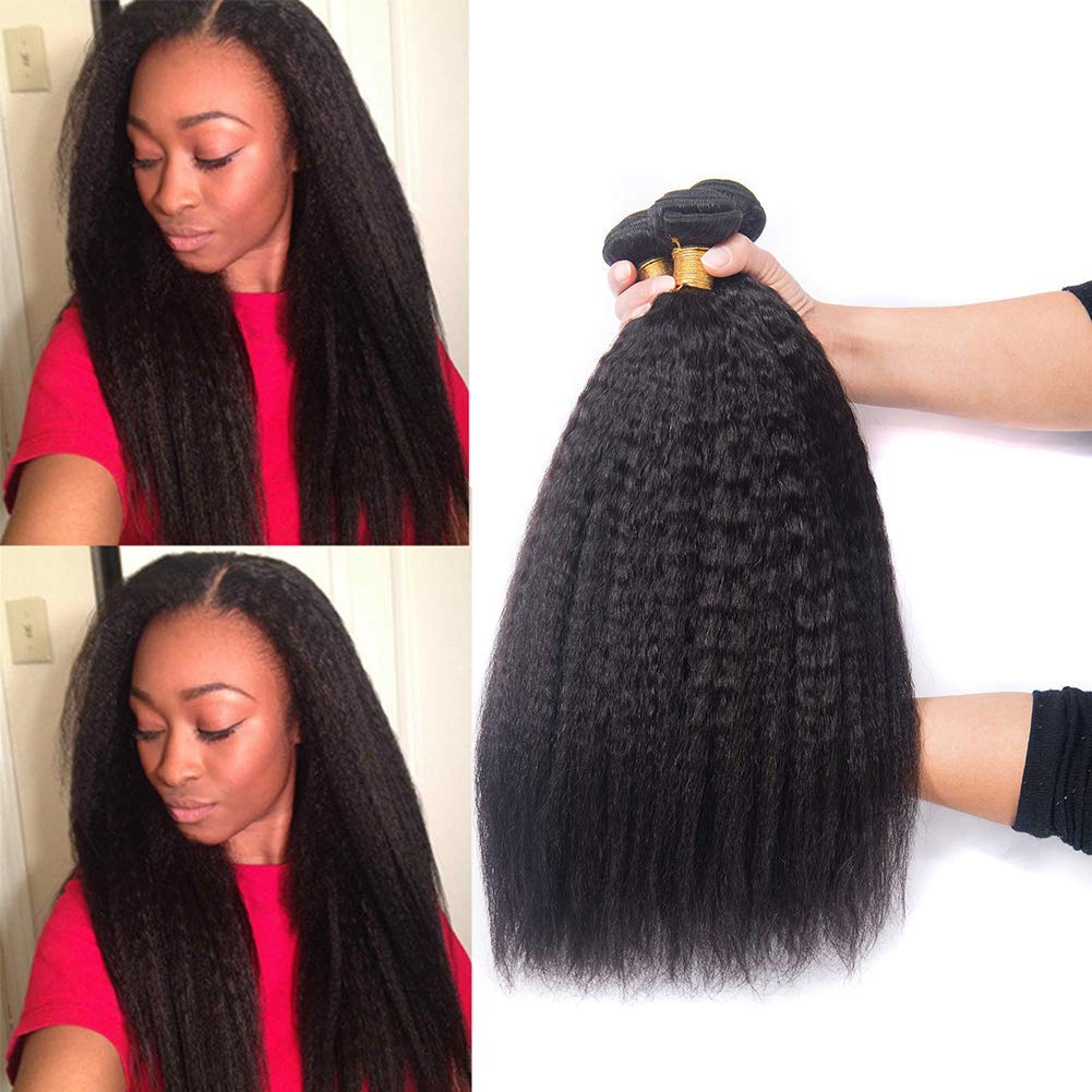 Kinky Straight Bundles Human Hair Yaki Straight 3 Bundles Remy Hair Extensions Natural Black